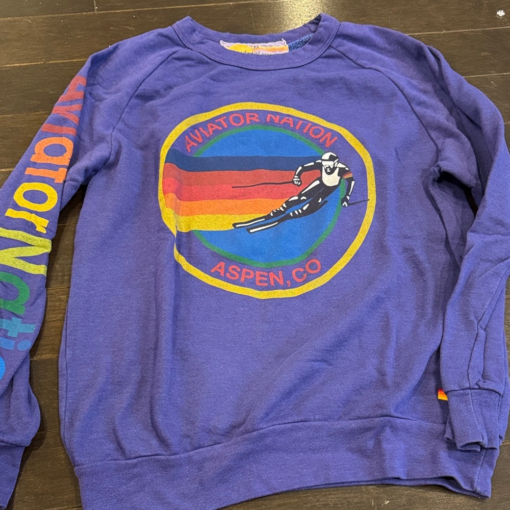 Aviator Nation Purple Crewneck  Sweatshirt with Multicolor Graphic